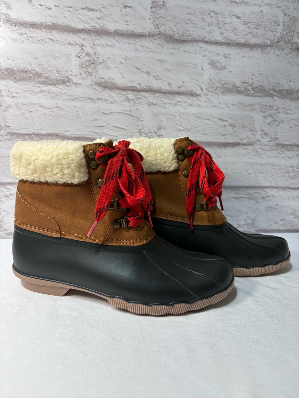 Women's Brown and Black Sherpa-Trim Waterproof Duck Boots with Red Laces